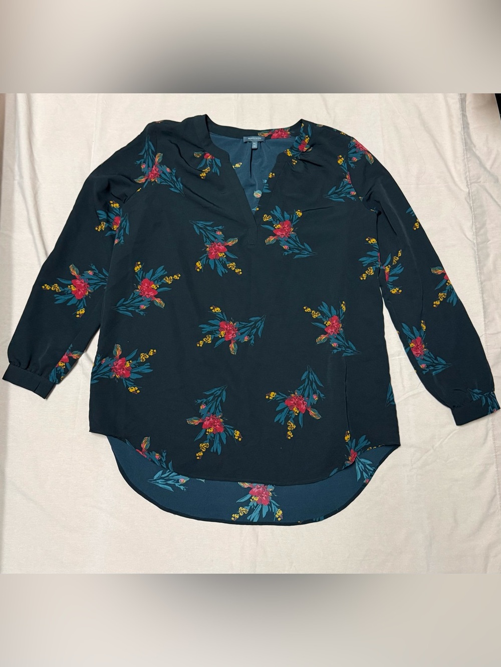 Madison Teal Floral V-Neck Blouse with Pink Accents